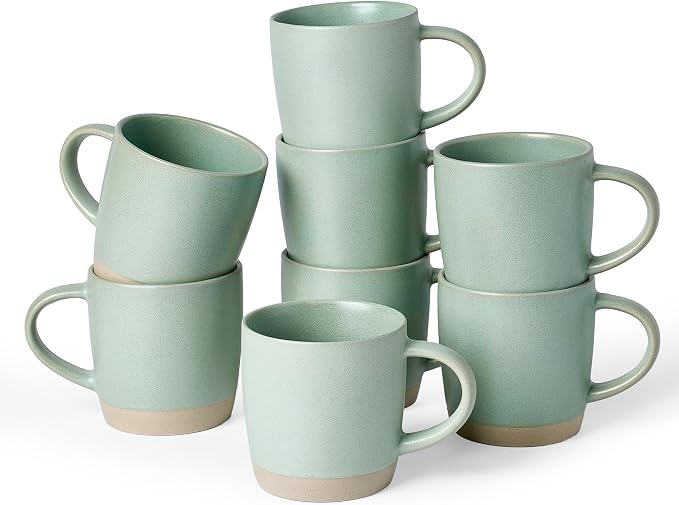 famiware Coffee Mugs Set of 8, Milkyway 13 oz Mug Set, Ceramic Cup Set with Handle for Coffee, Tea, Cocoa, Milk, Light Green