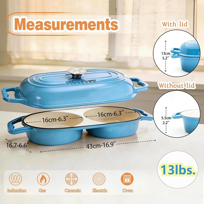 DIY Double Dutch Oven for Sourdough Bread Baking – Enamel Cast Iron Bread Baker with Lid, Bake Two Different Loaves at Once, 500°F Oven Safe, Includes 2×5" Banneton Proofing Baskets