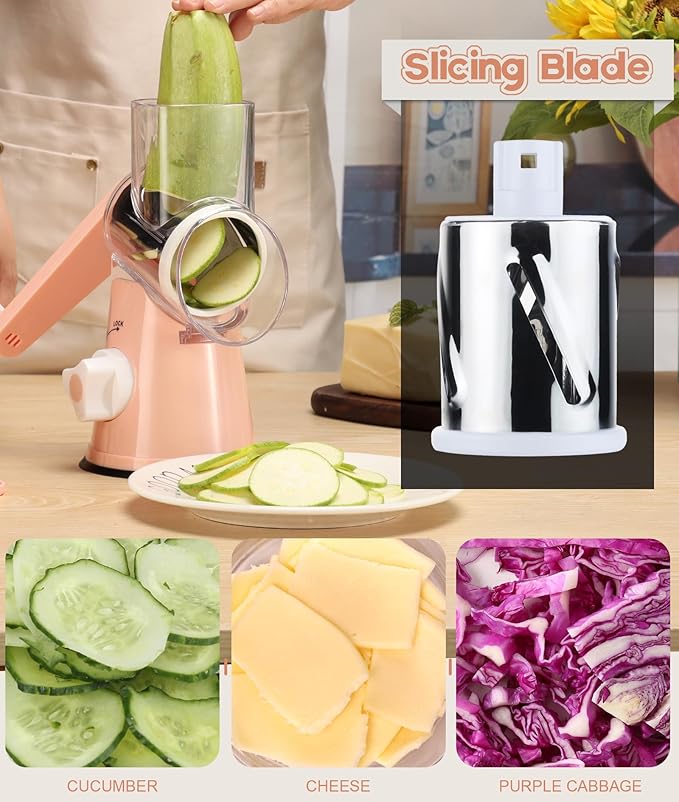 Ourokhome Rotary Cheese Grater Hand Crank, Kitchen Shredder Speed Mandolin Slicer Nuts Grinder with Handle,Vegetable Chopper Onion Cutter with Container, Multifunctional Food Chopper Veggie Dicer with
