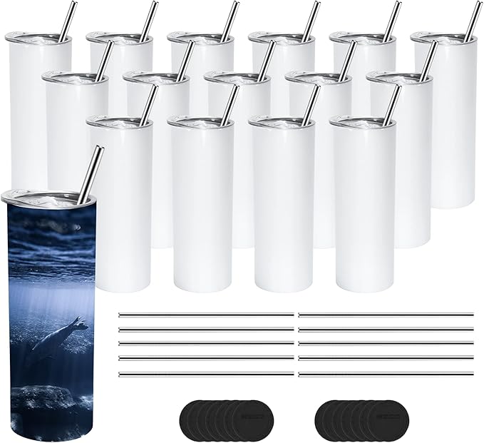 AGH 50 Pack Sublimation Tumblers Blank 20 OZ Straight Skinny Tumbler with Metal Straw, Stainless Steel Double Wall Insulated Tumbler for Tumbler Press Machine