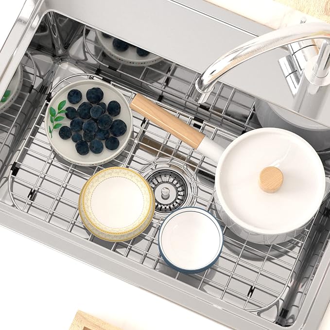 SANNO 26" L X 14" Sink Grid Protectors, Sink Protector Grid for Kitchen Sink Over The Sink Expandable Dish Drying Rack, Dish Drainer, Hold Up Dishes, Utensils Organization, Stainless Steel