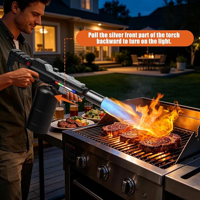 Sondiko Powerful Propane Torch Gun, Front-Mounted LED Light, Gift for Men | Adjustable Flame Thrower, Heavy-Duty Blow Torch Gun for Searing Steak, BBQ, Sous Vide, Camping, Charcoal Starter