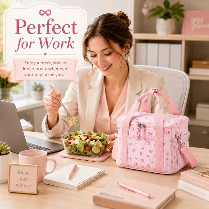 BTOOP Insulated Lunch Box for Women, Cute Corduroy Lunch Bag with Shoulder Strap, Leakproof Wide-Open Lunch Tote for Work, Office, School, Picnic Bow-Floral Pink-1