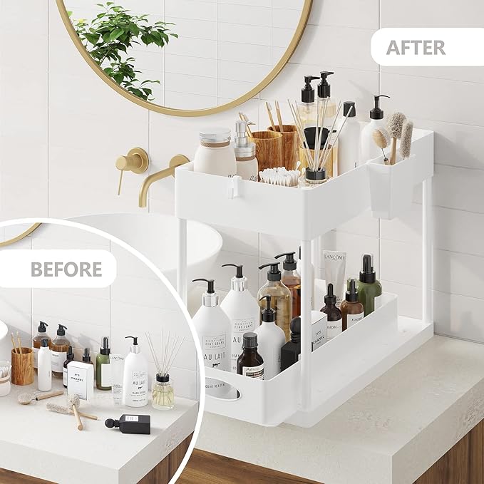 Under Sink Organizers and Storage | Bathroom Cabinet Organizer, Sink Shelf with Utility Hooks and Side Caddy for Under Cabinet Storage | White (2-Pack) Under Kitchen Sink Organizer with Sliding Drawer