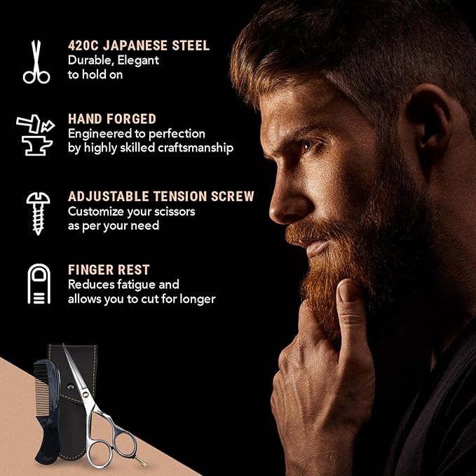 Ontaki Beard & Mustache Scissors For Men - 5.5" 420C Japanese Steel, Silver, Right Hand - Engineered Sharpness for Barber Shears - Comfort Grip for Grooming Scissors - Includes Beard Comb