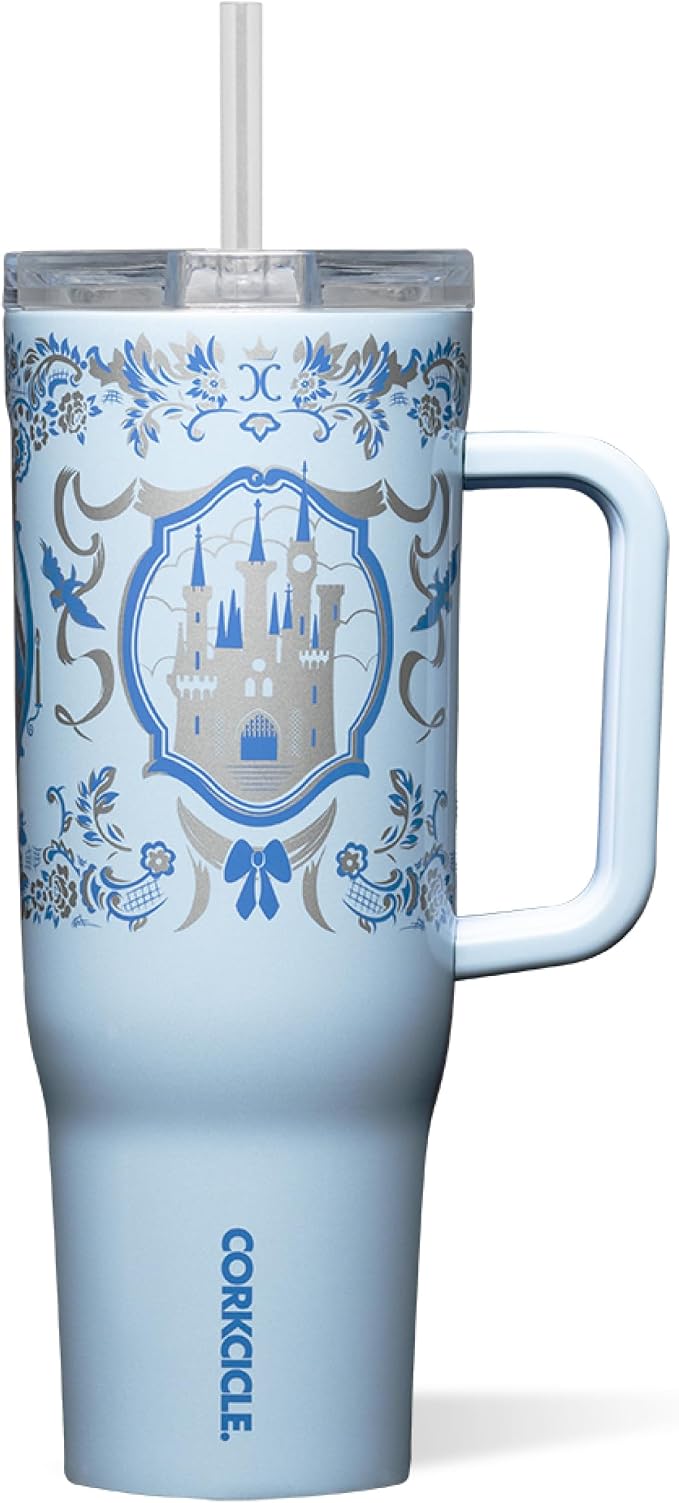 Corkcicle Cruiser Insulated Tumbler with Handle & Straw - Keeps Beverages Cold 20 Hours - Triple Insulated - Summer Drinkware Gift - Keeps Drinks Ice Cold - 40 oz - Princess Cinderella