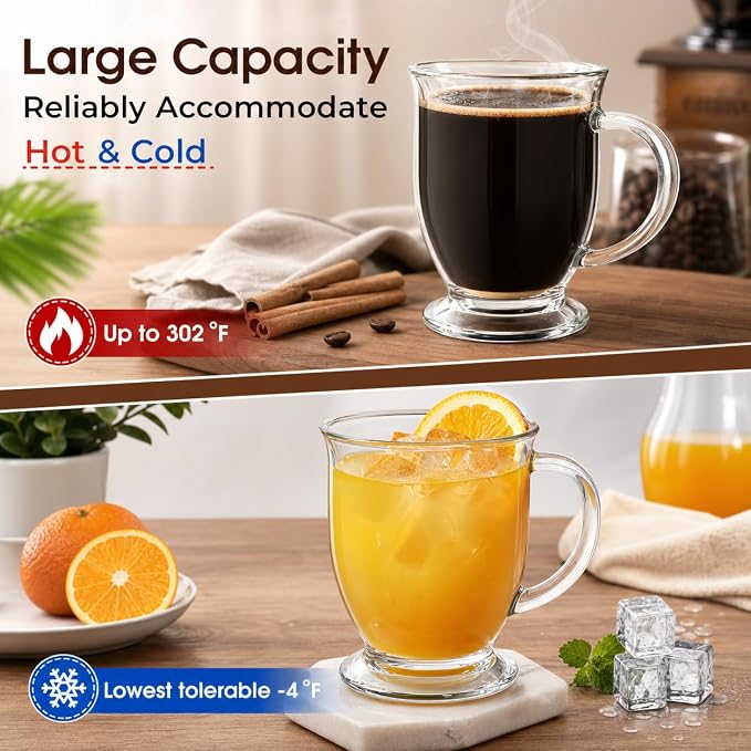 6 Pack Glass Coffee Mugs with 6 Spoons, 15 OZ Clear Drinking Glasses with Handle, Large Espresso Cup, Hot Cold Beverage Glassware Set for Water, Tea, Cappuccino, Latte, Juice, Cocoa, Milk