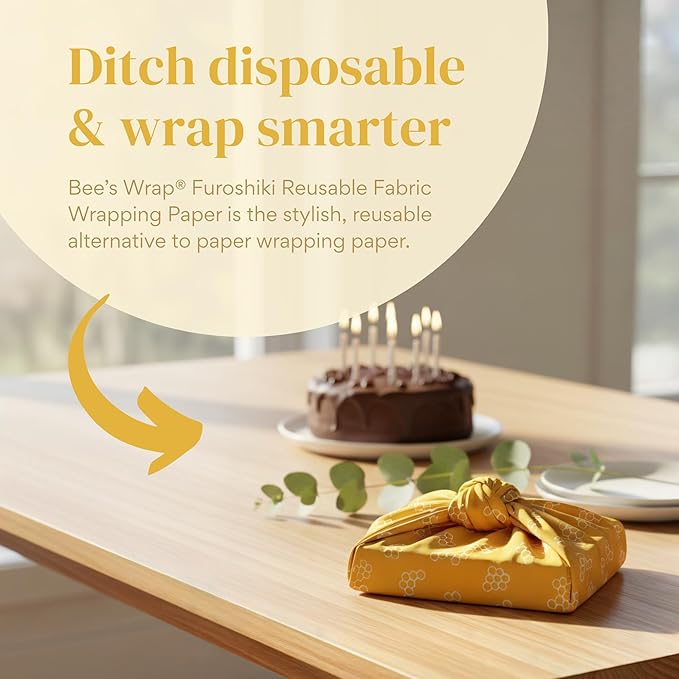 Bee's Wrap Furoshiki Reusable Cotton Fabric Wrapping Paper - Mustard Honeycomb Pack of 4 Gift Wraps - Reusable Wrapping Paper & Gift Wrap