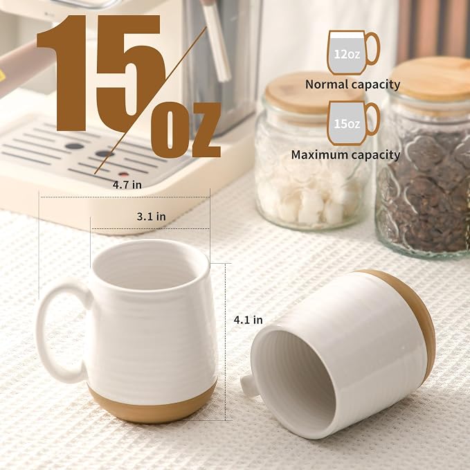 HASENSE Porcelain Coffee Mugs Set of 6, 15 Ounce Large Ceramic Coffee Cups Set with Handle for Latte, Tea, Cocoa and Hot Chocolate, White Coffee Mugs for Men and Women, Microwave Safe