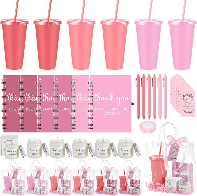 Nuogo 6 Sets New Parent Shower Prizes for Player Winners Adult, Wedding Bridal Shower Gift, Plastic Tumbler Notebook Scented Candle Ballpoint Pen Bag (Gradient Pink,Classic Style)