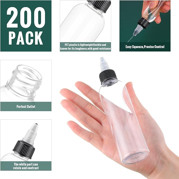 Irenare 200 Pcs 4 oz Plastic Squeeze Bottles Bulk Hair Oil Applicator Bottles Boston Empty Squeeze Condiment Bottle with Twist Top Cap Leak Proof for Liquids Oils Art Crafts Household Kitchen (Clear)