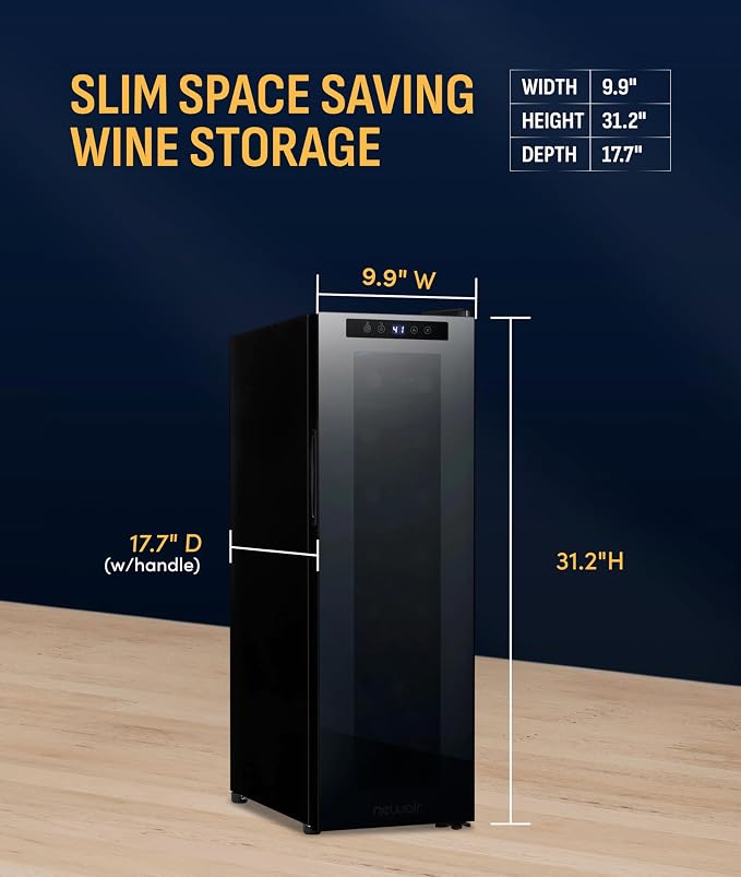 NewAir 10" Wine Fridge for 12 Bottles | Freestanding Wine Cooler Refrigerator with Glass Door | Compact Countertop Storage with Precision Cooling & Quiet Operation | Black