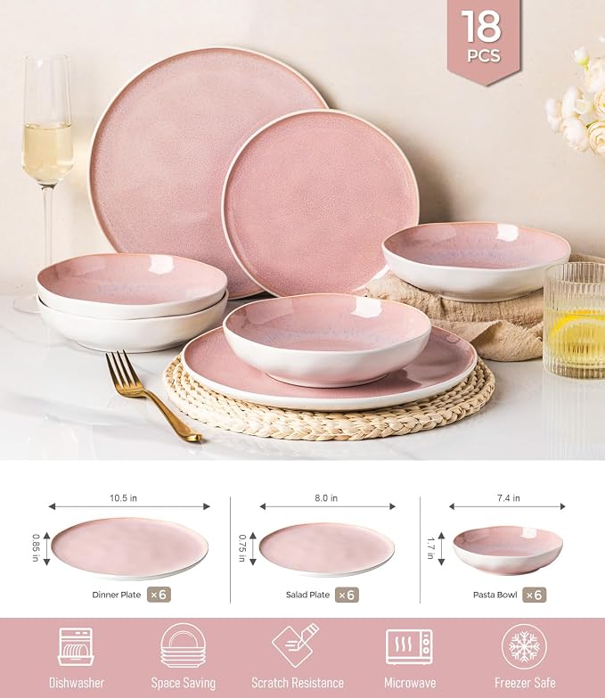 GBHOME Stoneware Dinnerware Sets for 6, 18 Pieces Rustic Ceramic Plates and Bowls Set, Handmade Reactive Glaze Plate Sets, Highly Chip Resistant Dishes, Microwave & Dishwasher Safe, Pink
