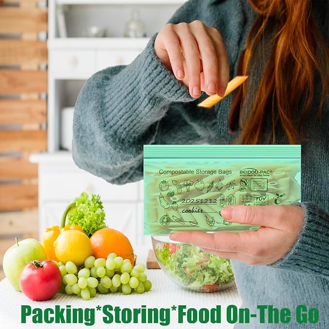 BEIDOU-PAC Compostable Snack Storage Zip Bags, 100 Count | 2 Mil | 6.5 IN x 3.25 IN, Freshness Easy Open Biodegradable Eco-Friendly Reclosable Compost Zipper Bags for Food On the Go