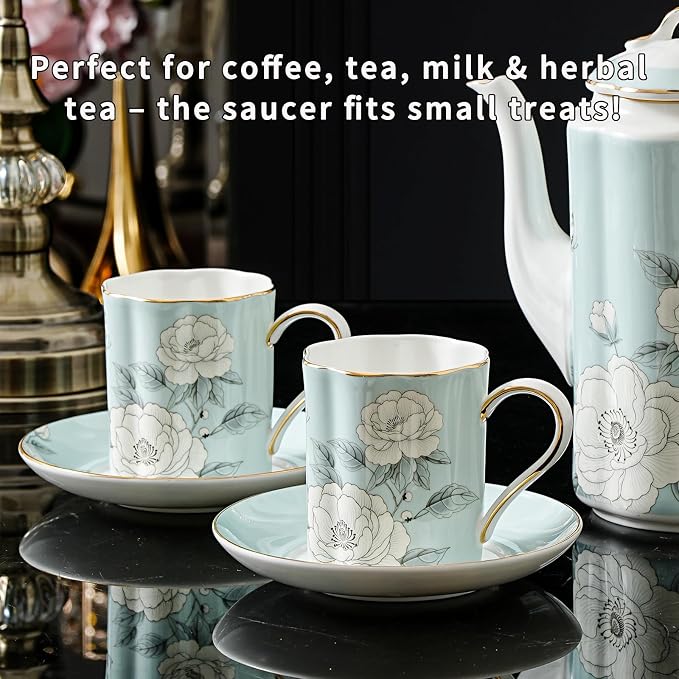 Floral Tea Cup and Saucer Set, Bone China Cup and Saucer with Spoon, Elegant Porcelain Coffee Cup with Gold Trim, Food Grade Coffee Mug for Women, Tea Party, Gifts Giving, 8.5 oz