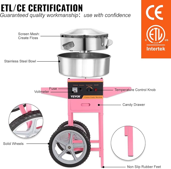VEVOR Electric Cotton Candy Machine Cart, 1000W Commercial Floss Maker w/Stainless Steel Bowl, Sugar Scoop and Drawer, Perfect for Home, Carnival, Kids Birthday, Family Party, Pink