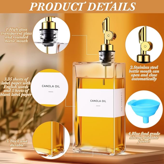 Reallnaive 4 Pcs Olive Oil Dispenser for Kitchen, Glass Olive Bottles Oil Seasoning Bottle Set Coffee Syrup Soy Sauce Dispenser(Gold,500 ml)