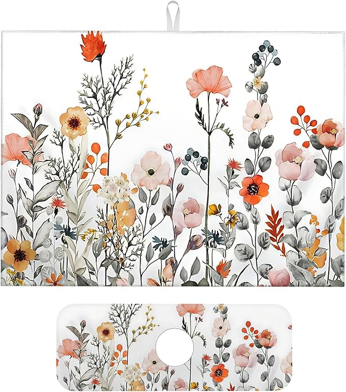 2Pcs Dish Drying Mats Faucet Mats Sets Large Size Coffee Mats Sink Faucet Mat Splash Guard for Kitchen Counter Bathroom Sink Coffee Bar Kitchen Decor (Colorful Wildflowers, 18"x24" 15" x 5.5"Set)