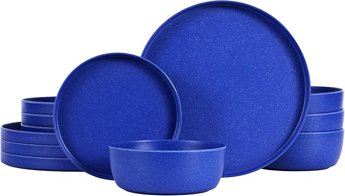 Webbylee 12 Piece Melamine Dinnerware Set for 4 - Shatterproof Matte Blue Round Plates & Bowls, Lightweight Unbreakable Tableware for Camping, RV, Patio & Indoor Outdoor Use, Dishwasher Safe