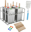 6 Sets Stainless Steel Popsicle Molds Rack and Accessories, Rust-Resistant Popsicle Maker, 6pcs Leak-Proof Silicone Seals, 50pcs Wooden Sticks and Bonus Cleaning Brush