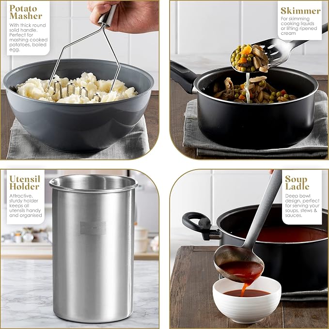 Bartnelli 11-Piece Kitchen Utensils Set with Holder - Non-Stick Stainless Steel Cooking Utensils with Heat-Resistant Handle - Includes Cooking Spoons, Potato Smasher, Slotted Turner, Whisk, and More