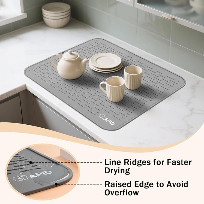 SAPID Silicone Dish Drying Mat: Extra Large 21 x 18 Inch for Dish Drying Rack - Heat Resistant Mat for Kitchen Counter - Easy Clean Dish Drainer Pad - Kitchen Gadgets / Home Essentials for Households