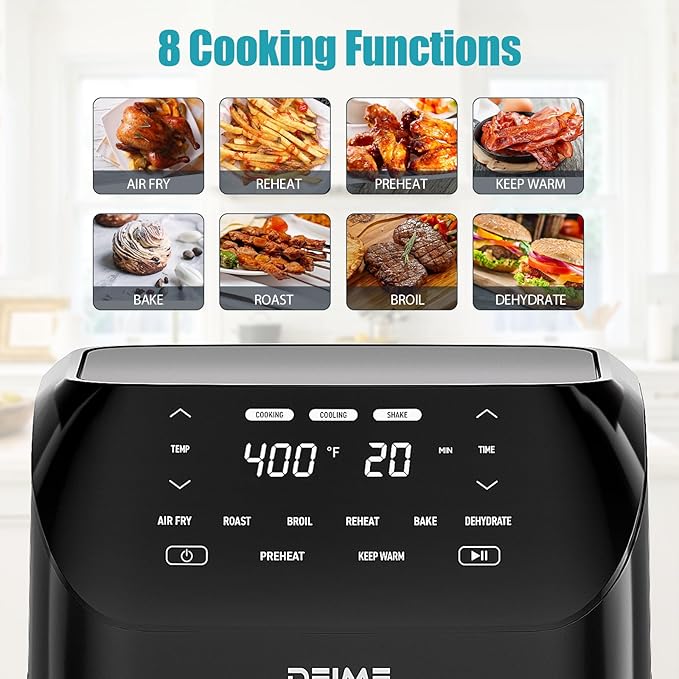 Air Fryer 6.2 QT Large Capacity Oilless Hot Air Fryers Oven 1500W Healthy Cooker with 8 Presets, Digital LCD Touch Screen, Non-Stick Basket, Included Recipe (Black-M)