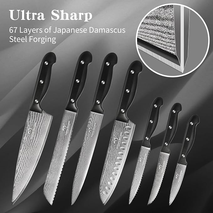 NANFANG BROTHERS 15-Piece Damascus Kitchen Knife Set, 67-Layer VG10 Japanese Steel, Professional Chef & Steak Knife Set with Compact Block, Triple-Riveted Handles (Hand-Wash Only)