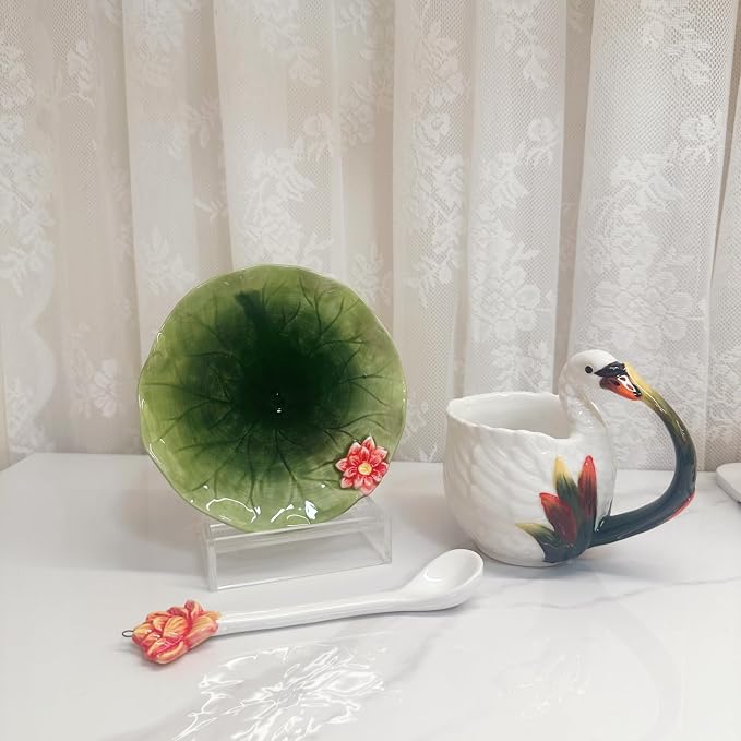 Ceramic Tea Cup and Saucer Set ，6OZ 3D Hand-painted Swans and Lotus Leaves Coffee Mug，Gift for Women