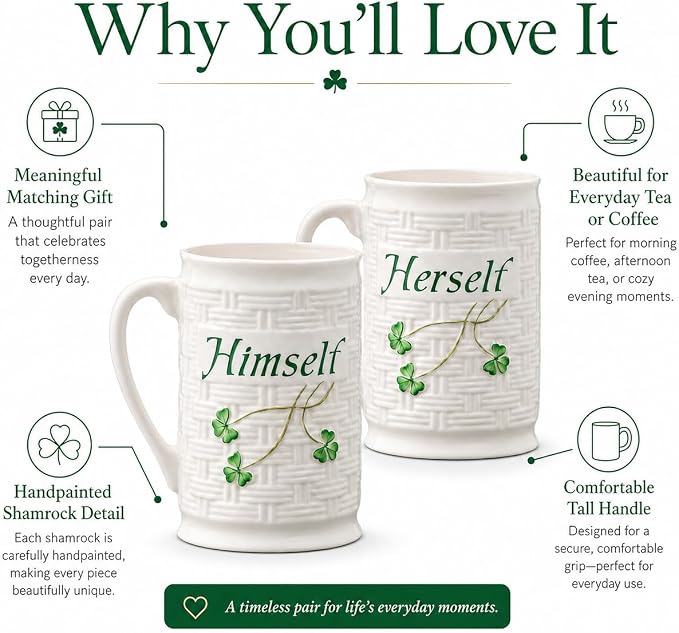 Belleek Classic Himself & Herself 12 oz Irish Coffee Mug Set, Handcrafted Parian China Cups, Shamrock Design, Set of 2, White