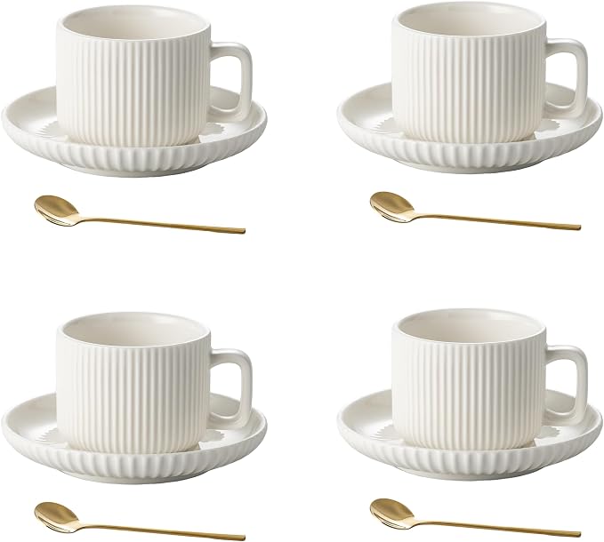5 Ounce Espresso Cups Set of 4, Small Coffee Cups with Saucers and Spoons, White Cream Ceramic Demitasse Espresso Mugs