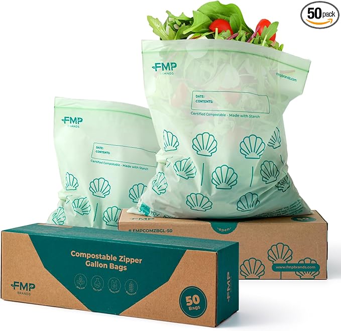 Fit Meal Prep 50 Pack 100% Compostable Food Storage Bags, 1 Gallon Freezer Bags, 10.6 x 11.5" Resealable Bag for Vegetables, Meat, Fruits, ASTM D6400, US BPI & EU OK Compost Certified