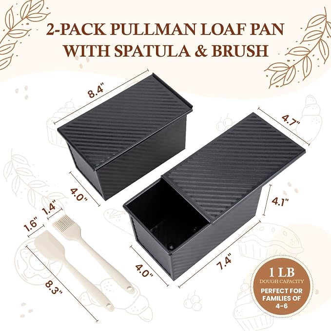 CARTMAN Bread Loaf Pan 2 Pack, 1 LB Pullman Loaf Pan with lid and a Silicone Spatula and Basting Pastry Brush, 1 LB Dough Capacity,Non-Stick Carbon Steel bread pans for homemade bread