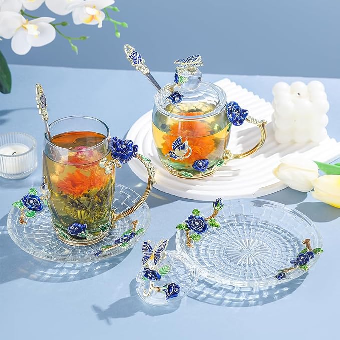 Glass Coffee Mug Birthday Christmas Gift for Women Mom Sister Girlfriend Coworker Flower Butterfly Tea Cup Antique Coffee Mug with Lid Spoon Saucer(Tall Blue)