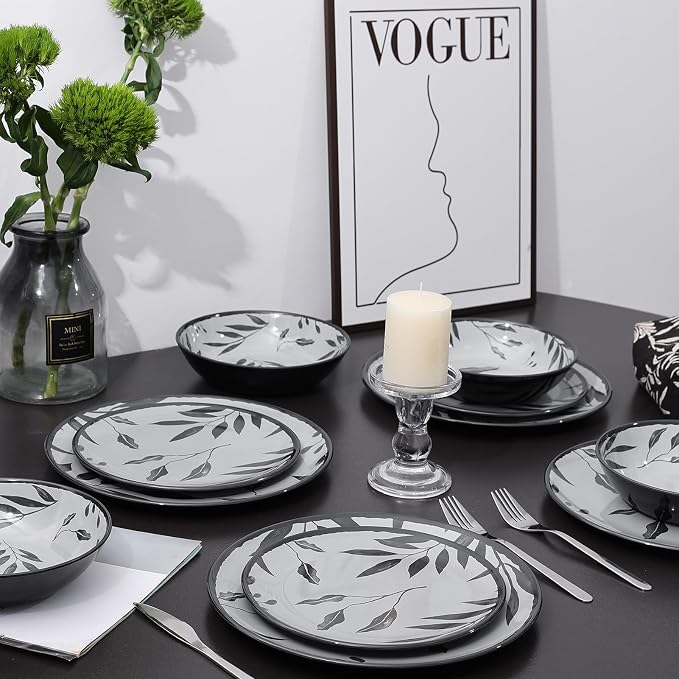 12pcs Melamine Dinnerware Set - Service for 4 Melamine Plates and Bowls Set, Unbreakable Dinner Salad Dessert Plate, Cereal Bowl Set for Indoor/Outdoor, Gray Leaf