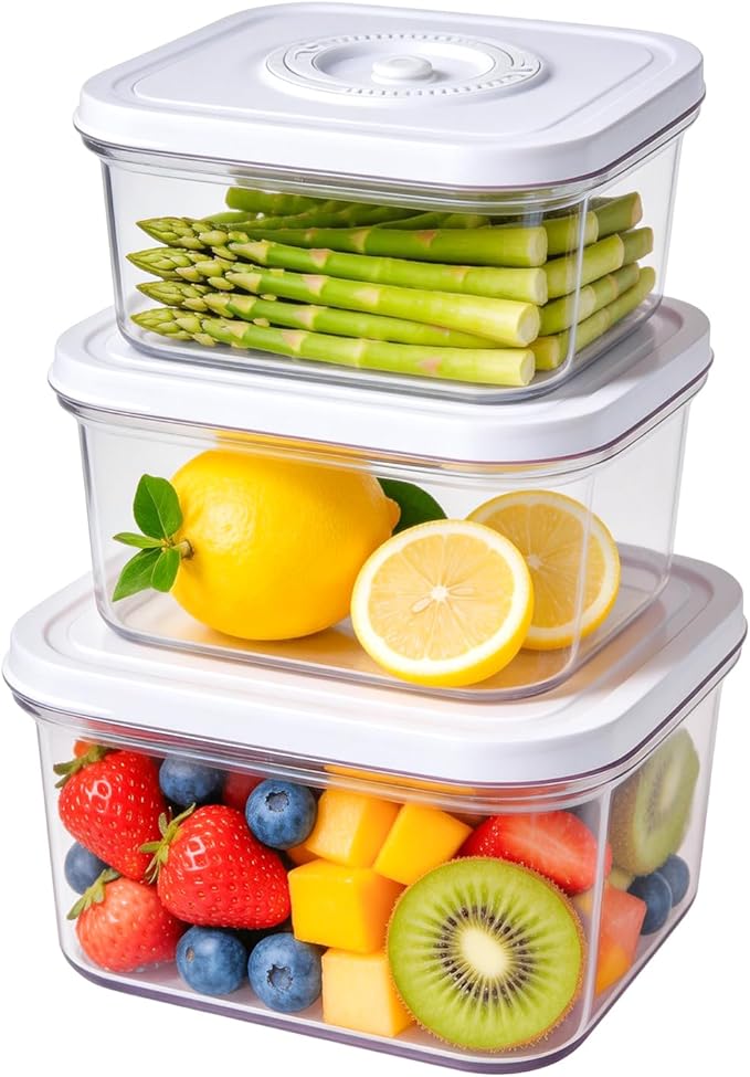 Vixino Vacuum Seal Containers, 3Pcs Reusable Food Storage Containers with Lids for Meal Prep and Freezer, BPA-Free，Microwave Safe，Leak-proof, Airtight (Vacuum Sealer Not Included)