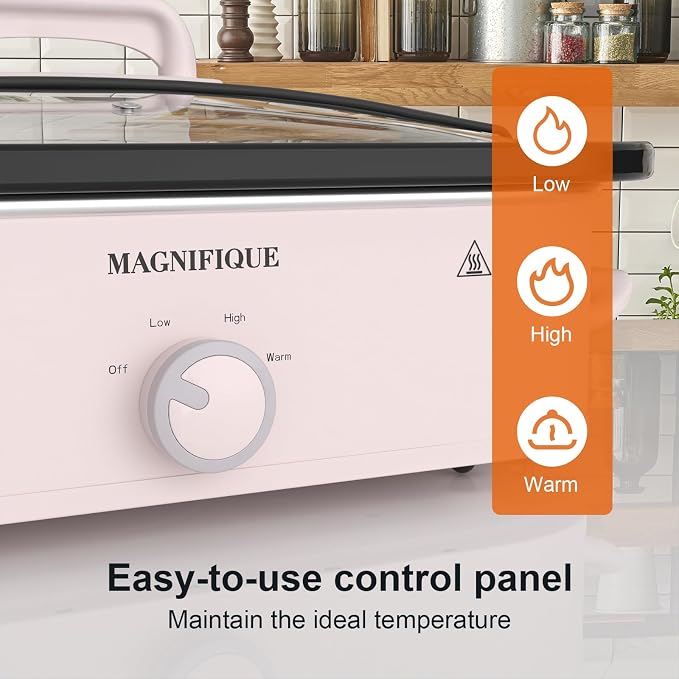 MAGNIFIQUE 4 Quart Slow Cooker with Ceramic Nonstick Baking Dish, Adjustable Temperature, Oven Safe for Lasagna & Roasts, Dishwasher Safe Stoneware & Tempered Glass Lid, Compact Crock Pot, Pink