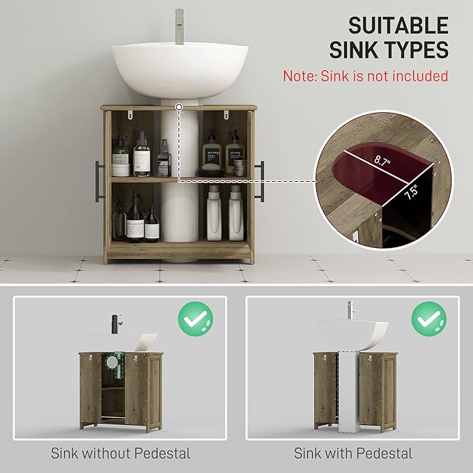 HOMCOM Pedestal Sink Storage Cabinet, Farmhouse Freestanding Bathroom Sink Cabinet with 2 Barn Doors and Adjustable Shelf, Distressed Light Gray
