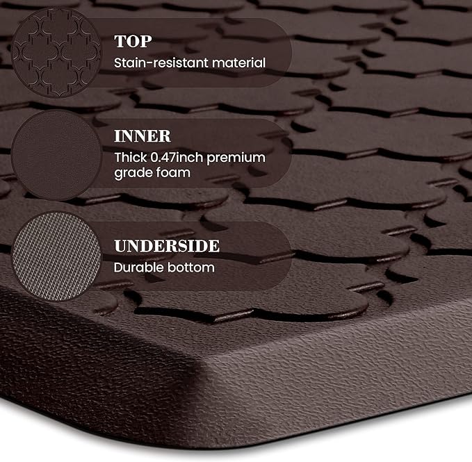 Kitchen Mat [2 PCS] Cushioned Anti-Fatigue Floor Mat Water Resistant Non-Skid Kitchen Mats and Rugs Ergonomic Comfort Foam Kitchen Rugs Standing Mat for Floor Office Sink Chocolate,17.3"x28"+17.3"x60"