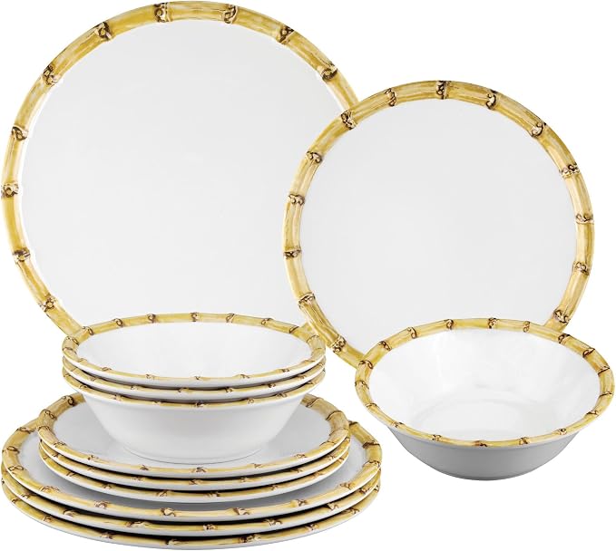 UPware 12 Piece Bamboo Melamine Dinnerware Sets, Outdoor Dishes Set, Plates and Bowls Sets, Service for 4, White