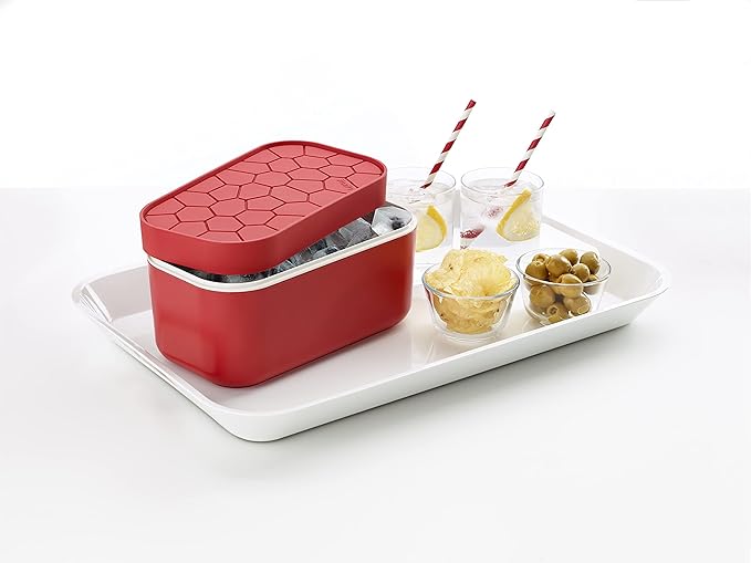 Lékué Ice Box | Red | Ice Cube Tray For Freezer With Lid & Bin | Made With 100 Percent Platinum Silicone | Elegant And Retro Style Ice Cubes | For Cocktails, Ice Tea & Coffee And More |