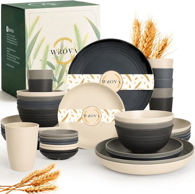 Wrova 40-Piece Kitchen Plates and Bowls Sets- Wheat Straw Dinnerware Sets for 8- Unbreakable Plates Bowls and Cups Set, Side Dishes- Microwave & Dishwasher Safe Dishware Sets - Black & Gray