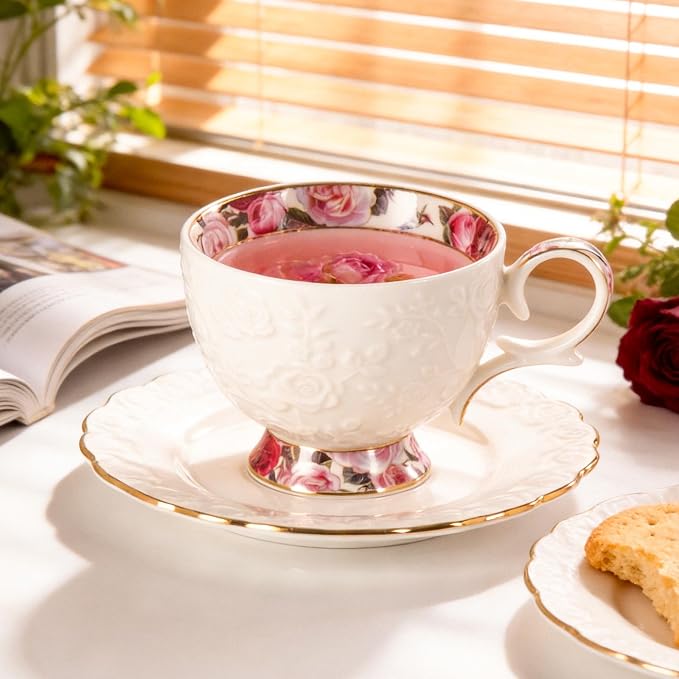 KAMMAK Tea Cups and Saucers Set of 2, 6.7oz Porcelain Coffee Cups with Saucers, Ceramic Espresso Mugs for Coffee, Latte, Americano, Tea, Elegant Teacup and Saucer (YFH13)