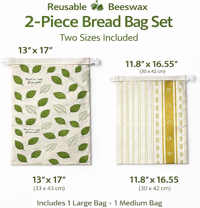 2 Pack Reusable Beeswax Bread Bags for Freezer & Refrigerator, Beeswax-Lined Cotton Bread Storage Bags with Buckle Closure, Airtight Freshness Keeper for Sourdough, Bagels & Homemade Bread