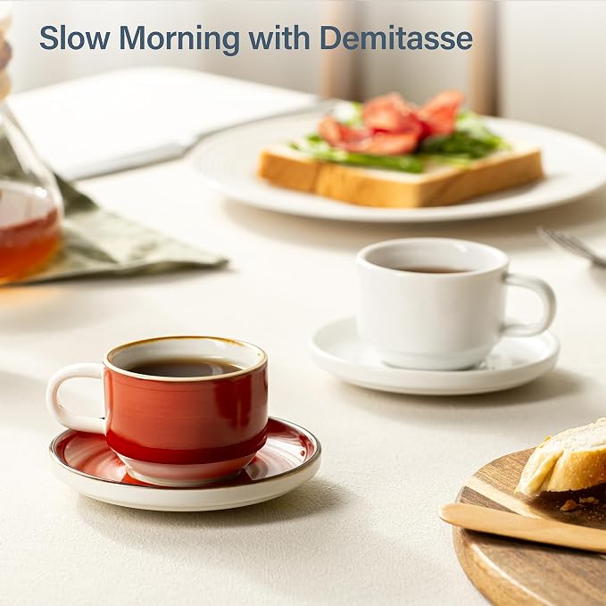 ONEMORE 2.5 Oz Espresso Cups Set of 4, Stackable Porcelain Coffee Cups with Saucers and Metal Stand, Demitasse Mugs for Espresso, Cappuccino, Latte, Microwave & Dishwasher Safe