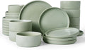 Famiware Star 24-Piece Reactive Glaze Plates and Bowls Sets, Service for 8 - Stoneware Dinnerware Set, High Edge Ribbed Dishes, Chip & Scratch Resistant, Microwave & Dishwasher Safe, Matte Sage Green