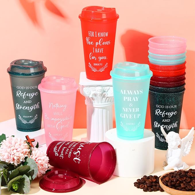 Skylety 20 Pack Christian Gifts for Fathers Bulk 16oz Inspirational Bible Verse Tumbler Church Gifts for Men Plastic Coffee Cups with Lids for Dad (Rainbow Glitter)