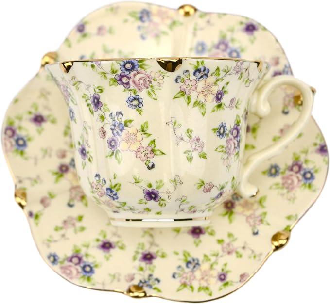 TATSUMI Country Roses 18 Peices Bone China Tea Cup And Saucer Set, English Vintage Tea Cups Of 6 For Women And Tea Party Sets(yellow,6 Sets)