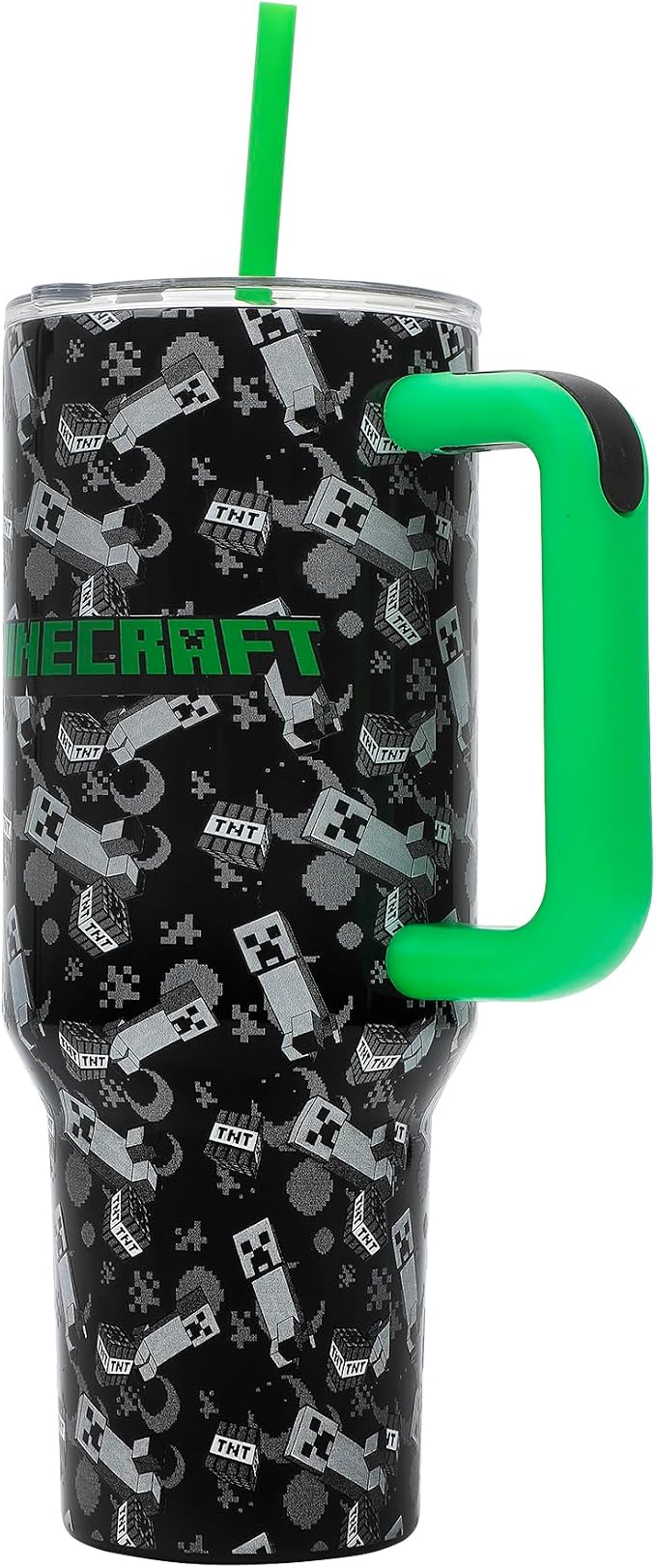 Bioworld Minecraft Creeper & TNT 40 Oz Black Stainless Steel Tumbler With Handle