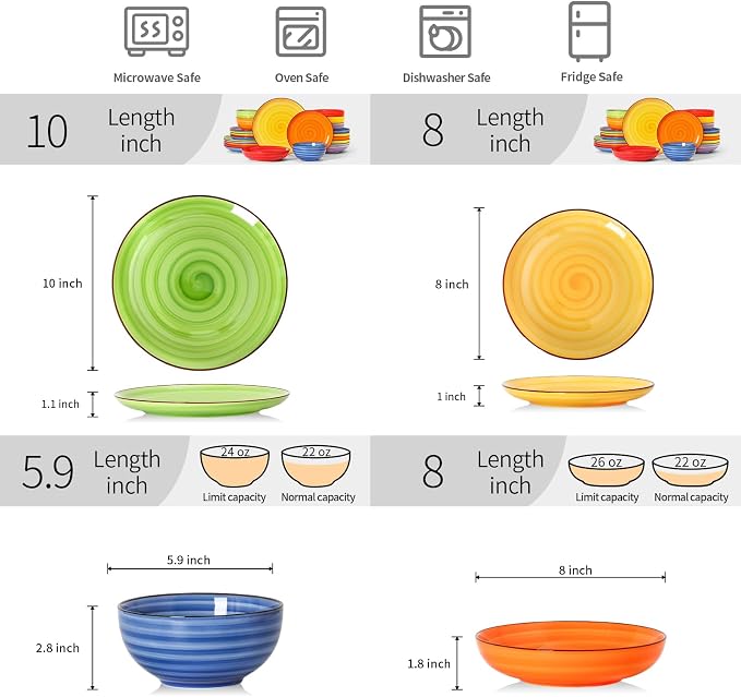 Selamica Ceramic Plates and Bowls Sets,24 Pieces Dinnerware Sets for 6,Scratch Resistant Dish Set for holiday gathering,Dishwasher & Microwave Safe, Dopamine
